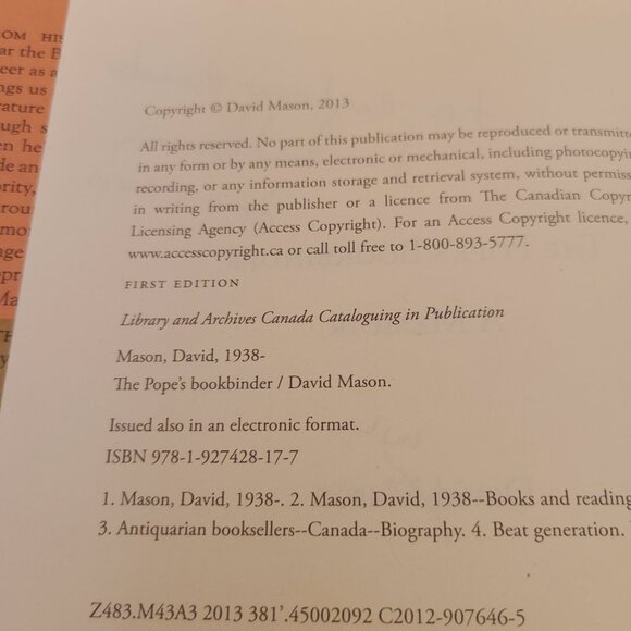 The Pope's Book Binder: A Memoir David Mason 1st Ed Signed HC/DJ 2013 Toronto - Picture 9 of 14